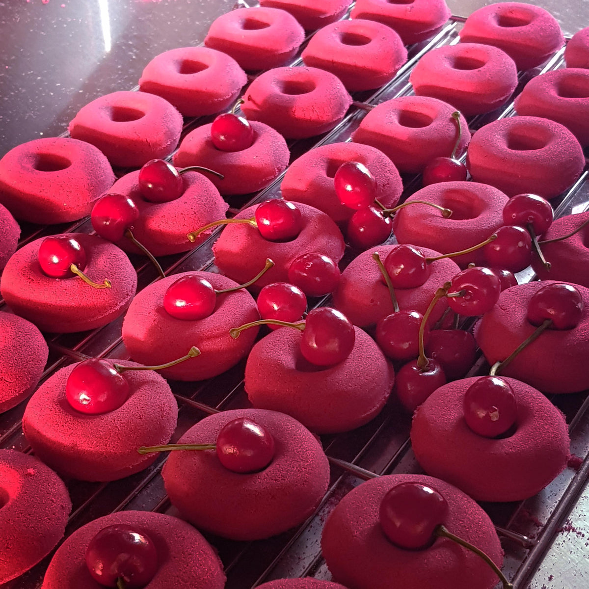 Red doughnut bath bomb cherry scented