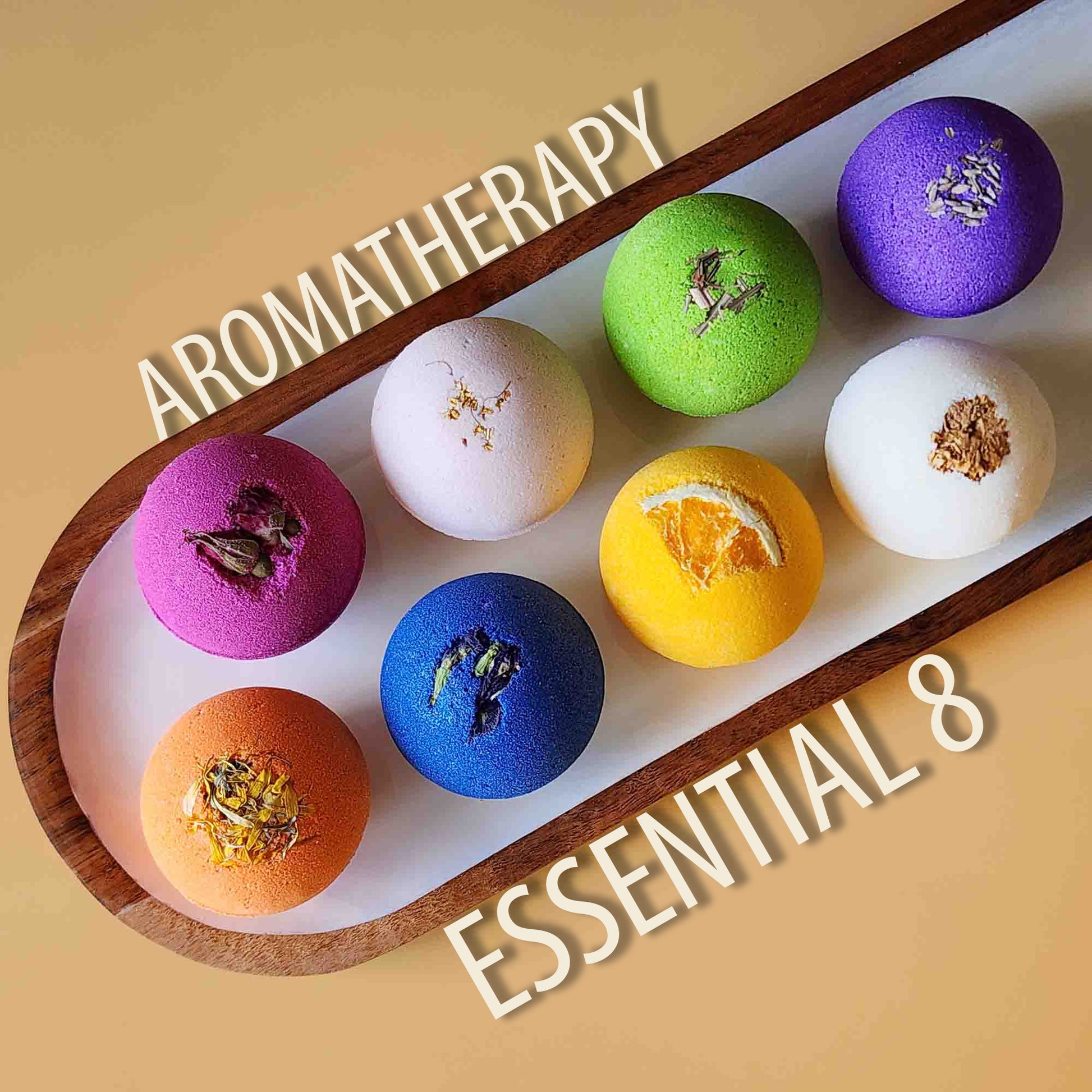Essential 8 aromatherapy bath bomb set arranged on a wooden tray