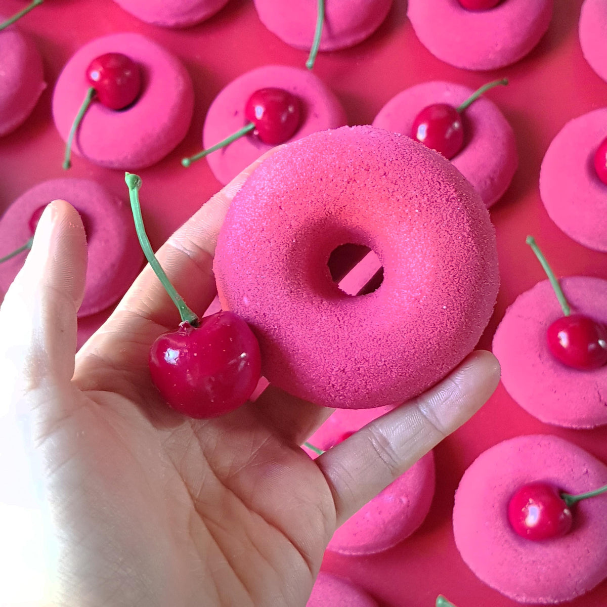 Red doughnut bath bomb cherry scented
