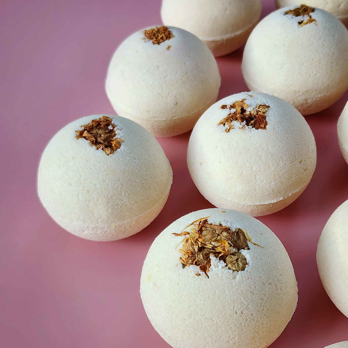 Cream white round essential oil aromatherapy bath bombs with dried chrysanthemum on a plain pink background