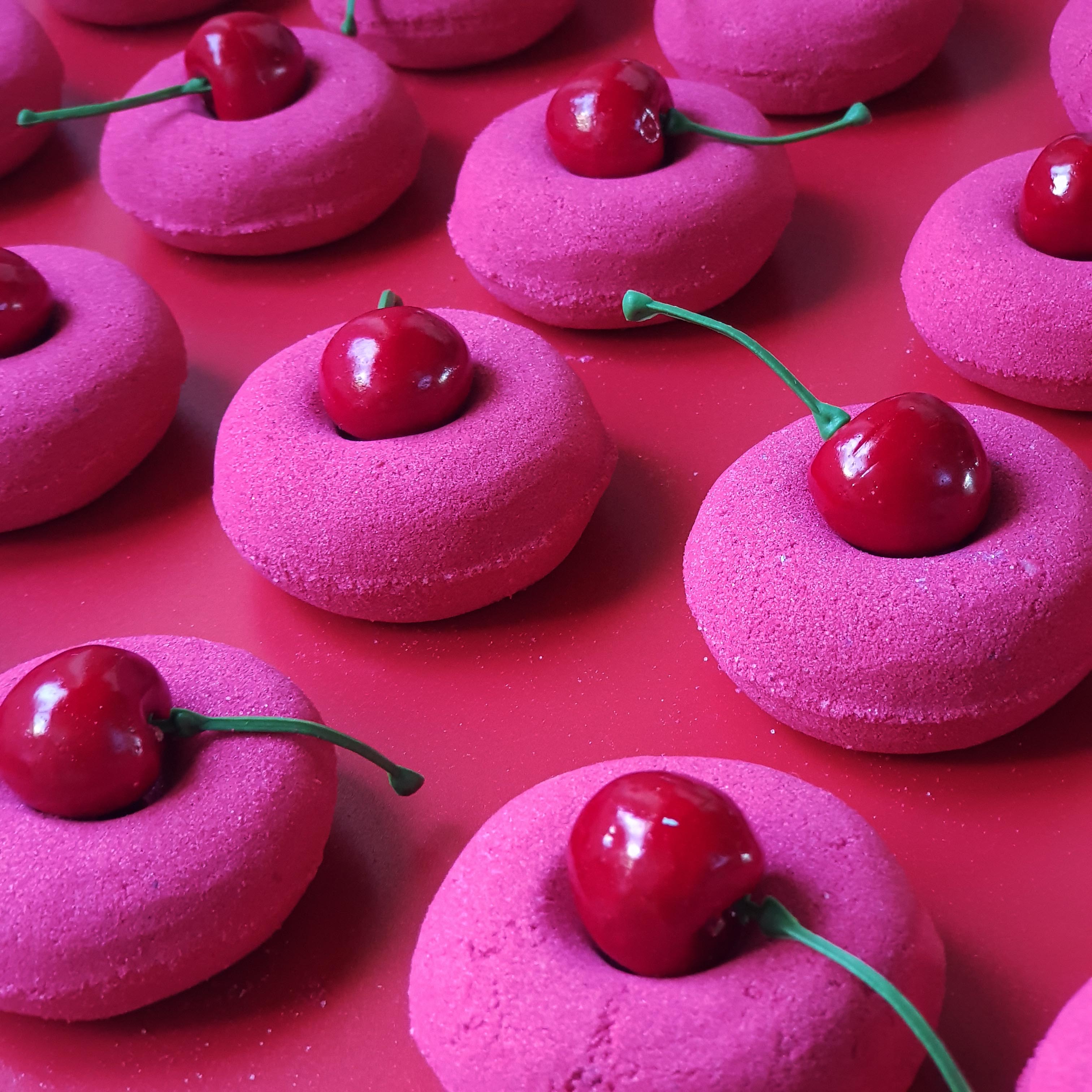 Red doughnut bath bomb cherry scented