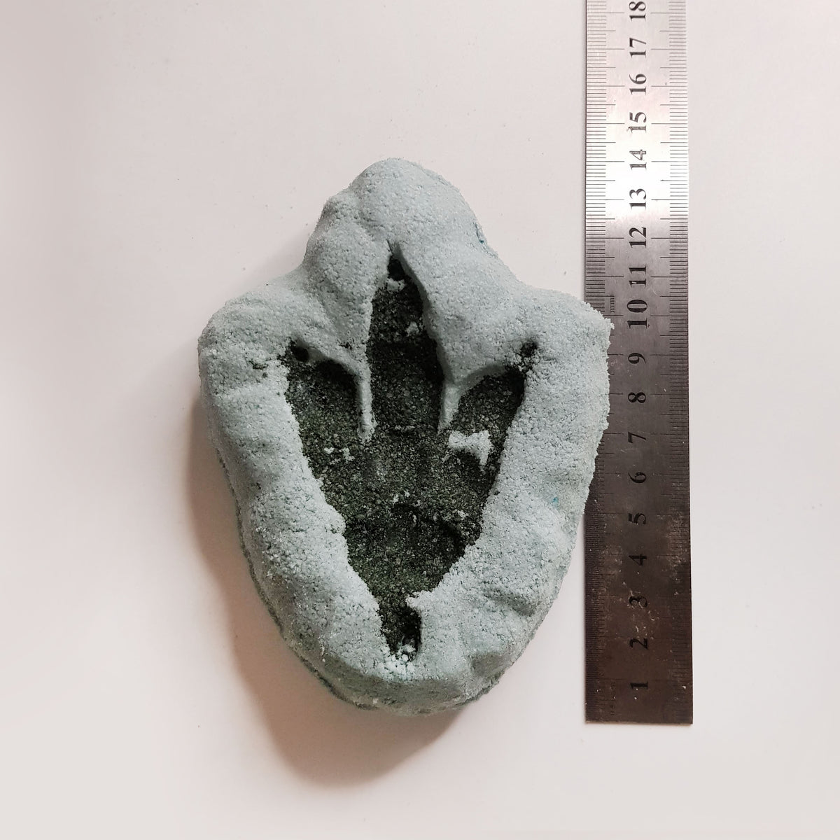 Grey bath bomb shaped like a dinosaur fossil with a dark dino footprint on it being measured by a ruler