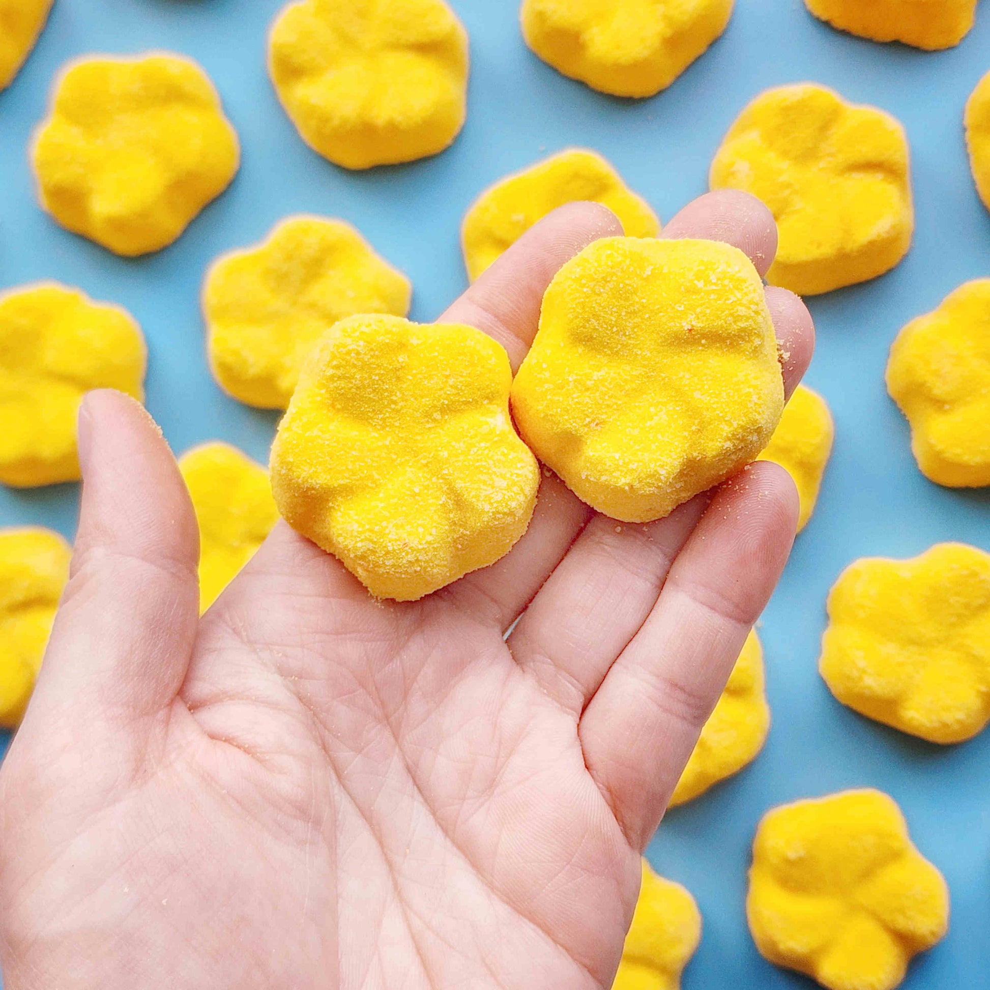 yellow frangipani shaped bath bombs placed in a neat array on a blue background with two held in a hand in the foreground