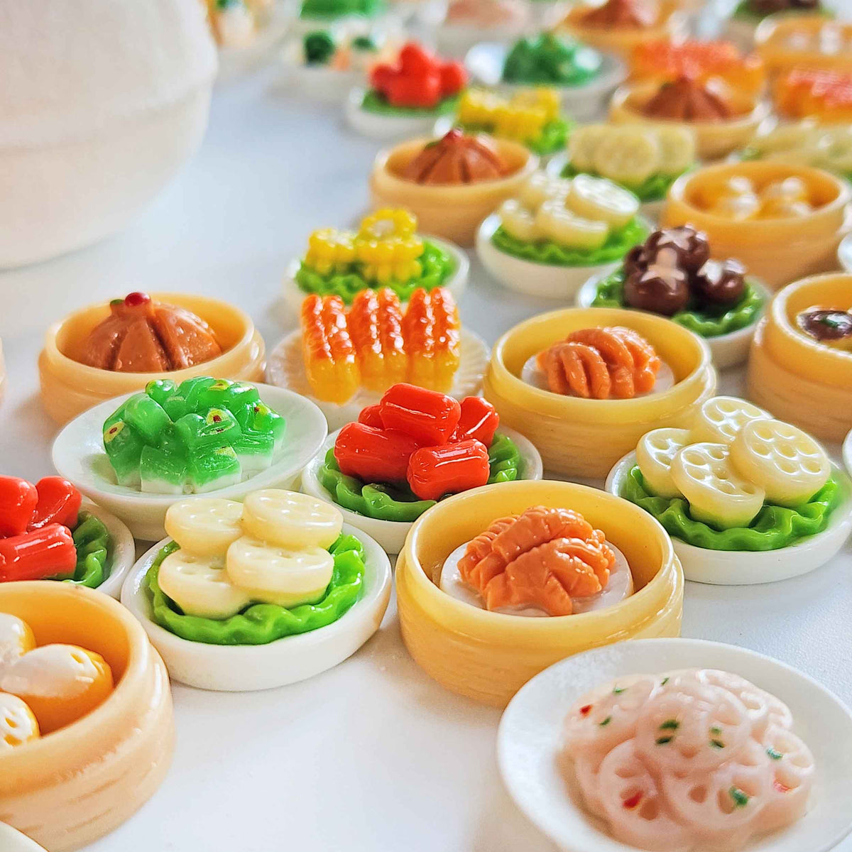 Close-up of colorful miniature dim sum surprise toys