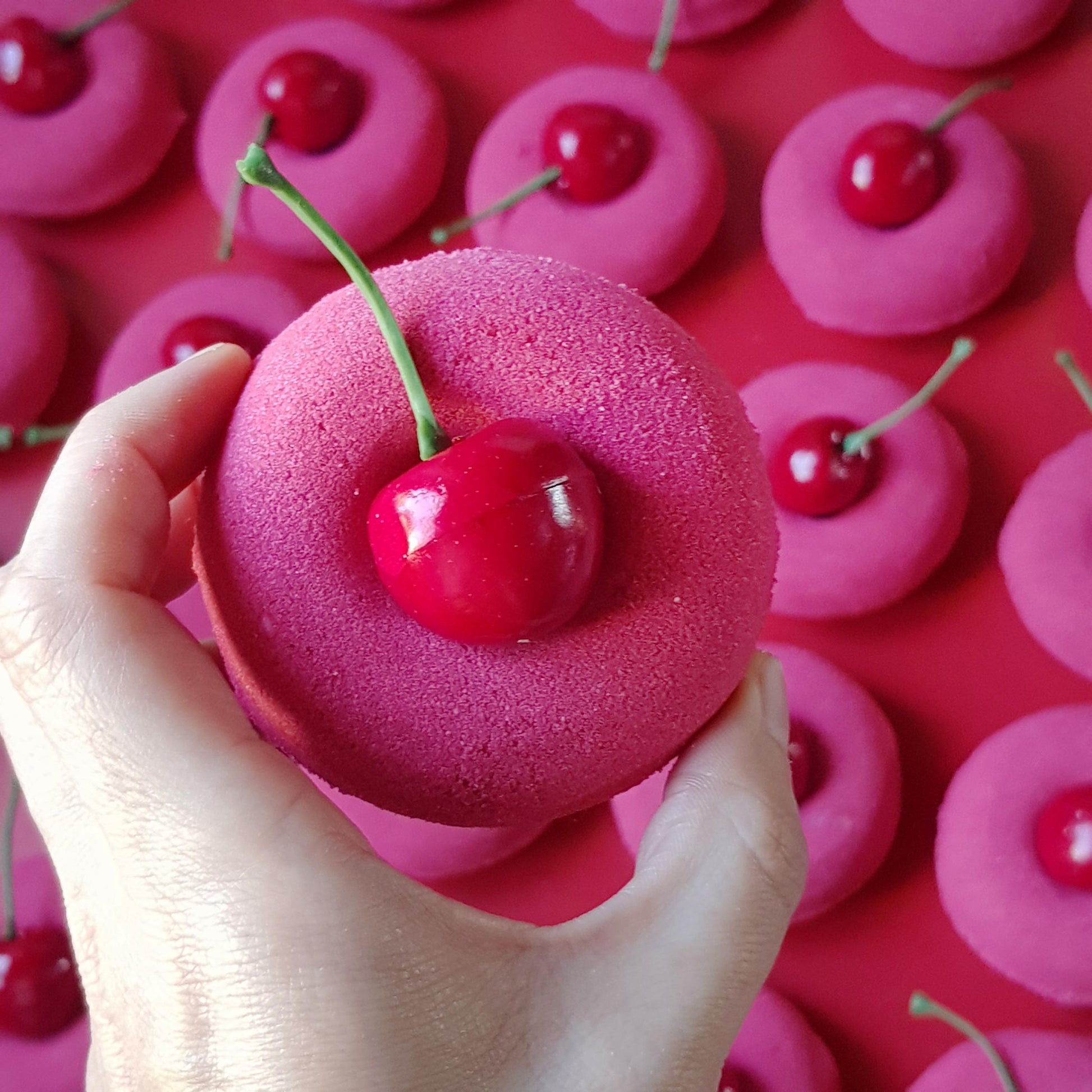 Red doughnut bath bomb cherry scented