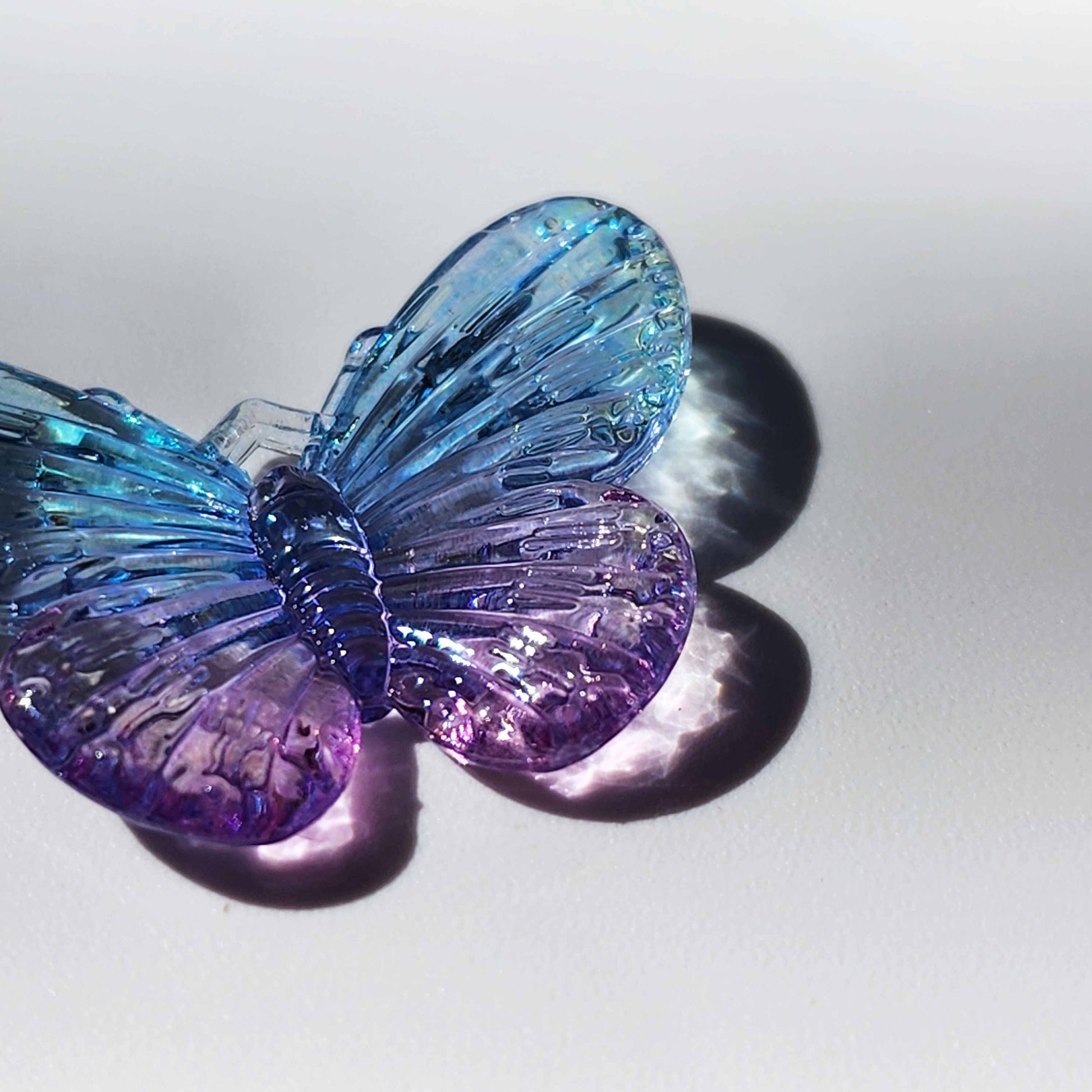 blue coloured transparent butterfly charm refracting sunlight