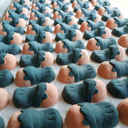Rows of peach and charcoal Tea Tree platypus-shaped bath bombs