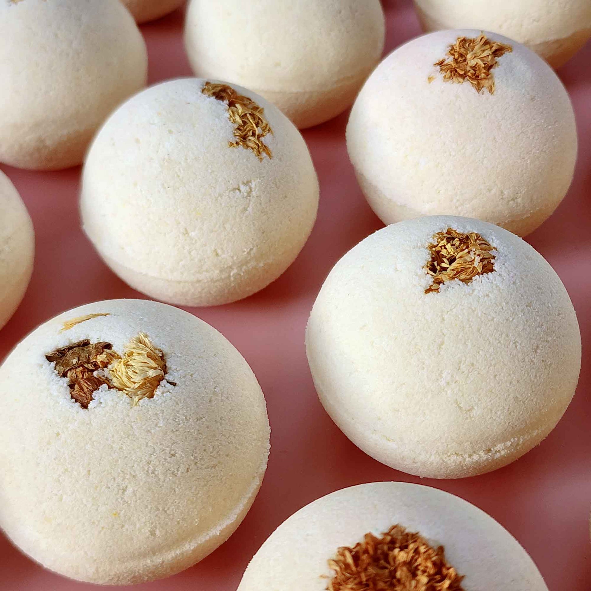 Cream white round essential oil aromatherapy bath bombs with dried chrysanthemum on a plain pink background