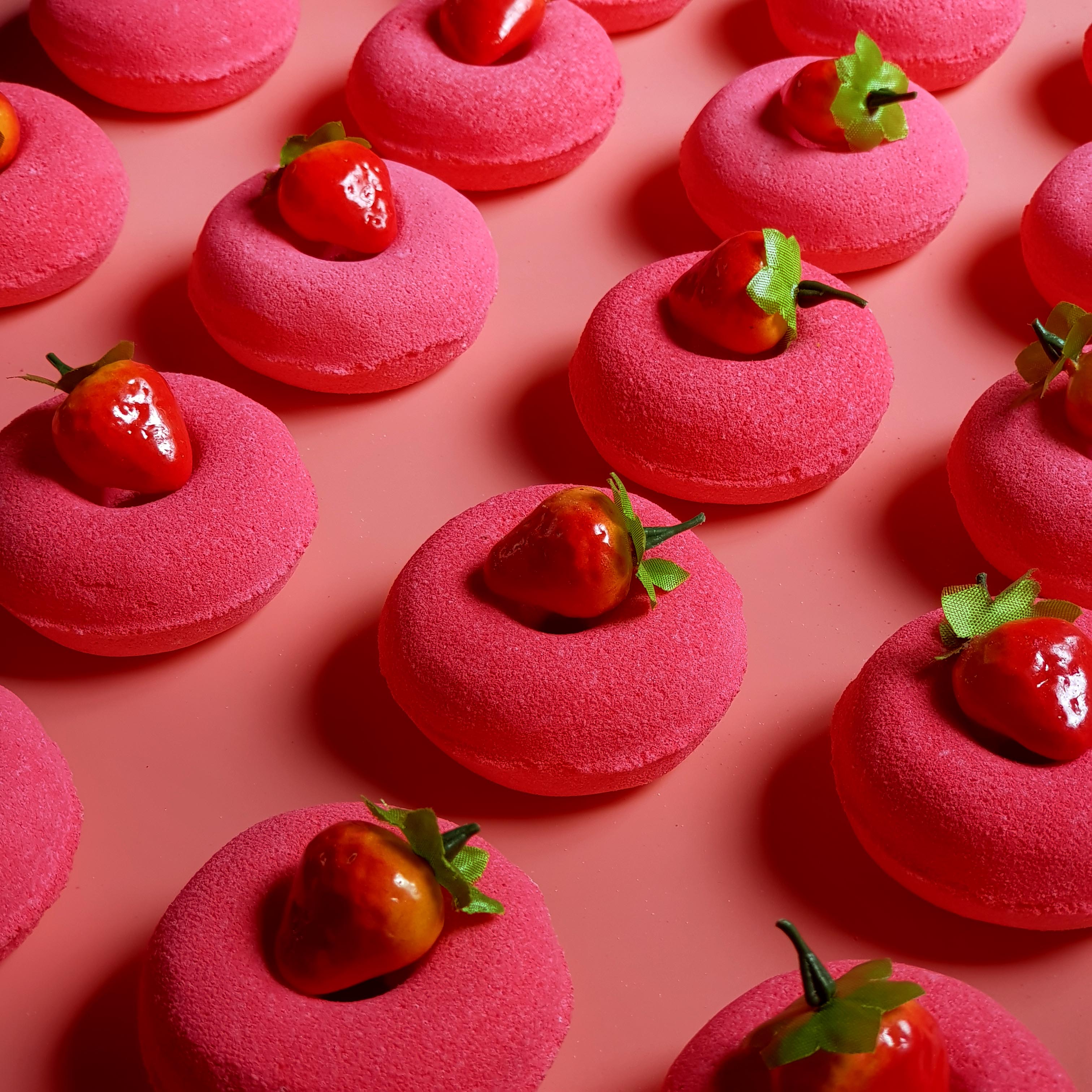 Red strawberry doughnut bath bomb